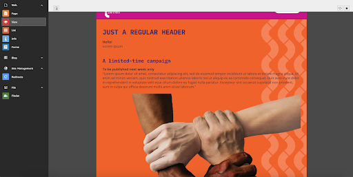 A mock “limited-time campaign” content element is shown in the preview.