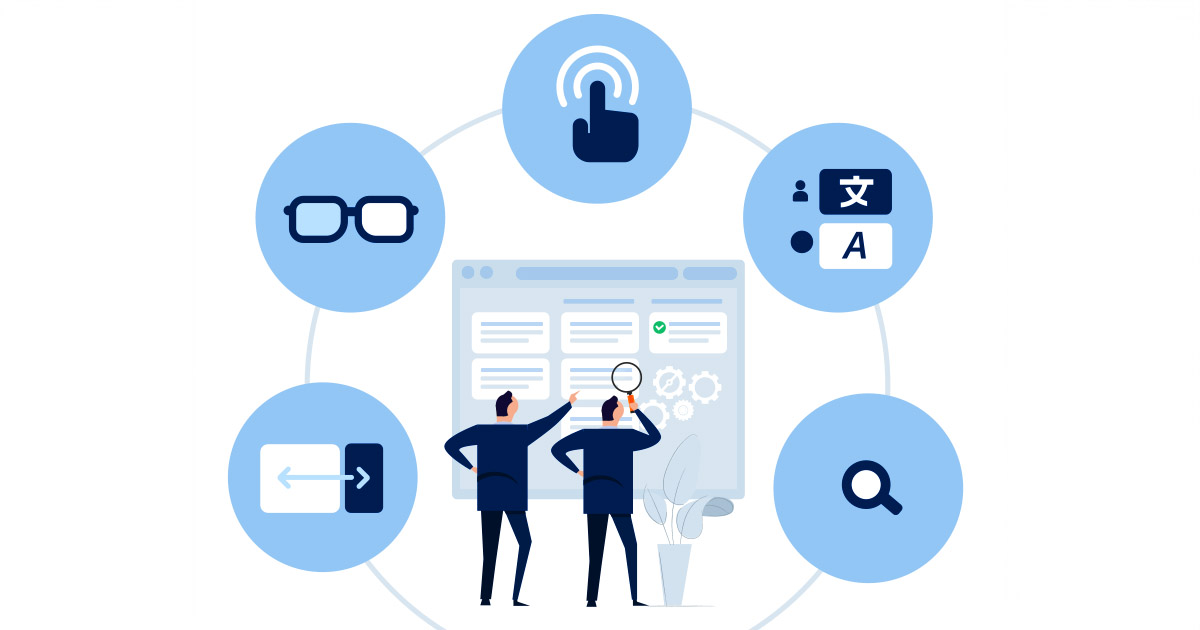 Accessibility future proof website Illustration of two people interacting with a large web interface, surrounded by icons for visual aids, touch controls, language translation, navigation keys, and search functions.