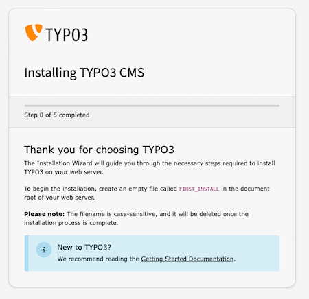 Step 0 - create the FIRST_INSTALL file. A screenshot of the installation tool.
