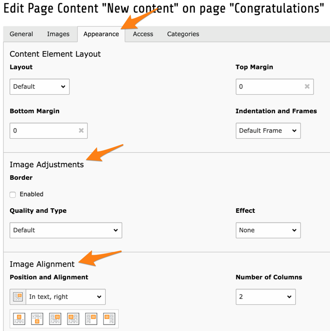 Screenshot of Appearance tab in Content Element editing UI