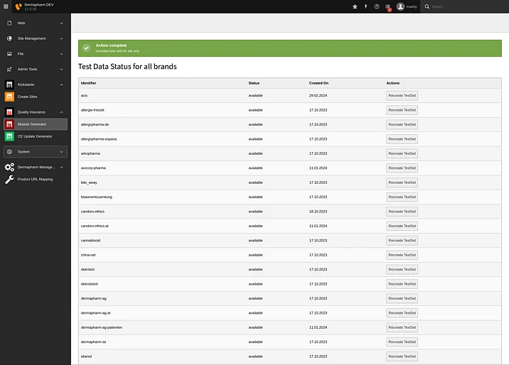 a list of sites within the TYPO3 Backend, each displaying the name, the status and the creation day of a test set of pages. Last, a button to create a new set. In the top a flashmessage announcing success of creation for test pages creation for site acis.