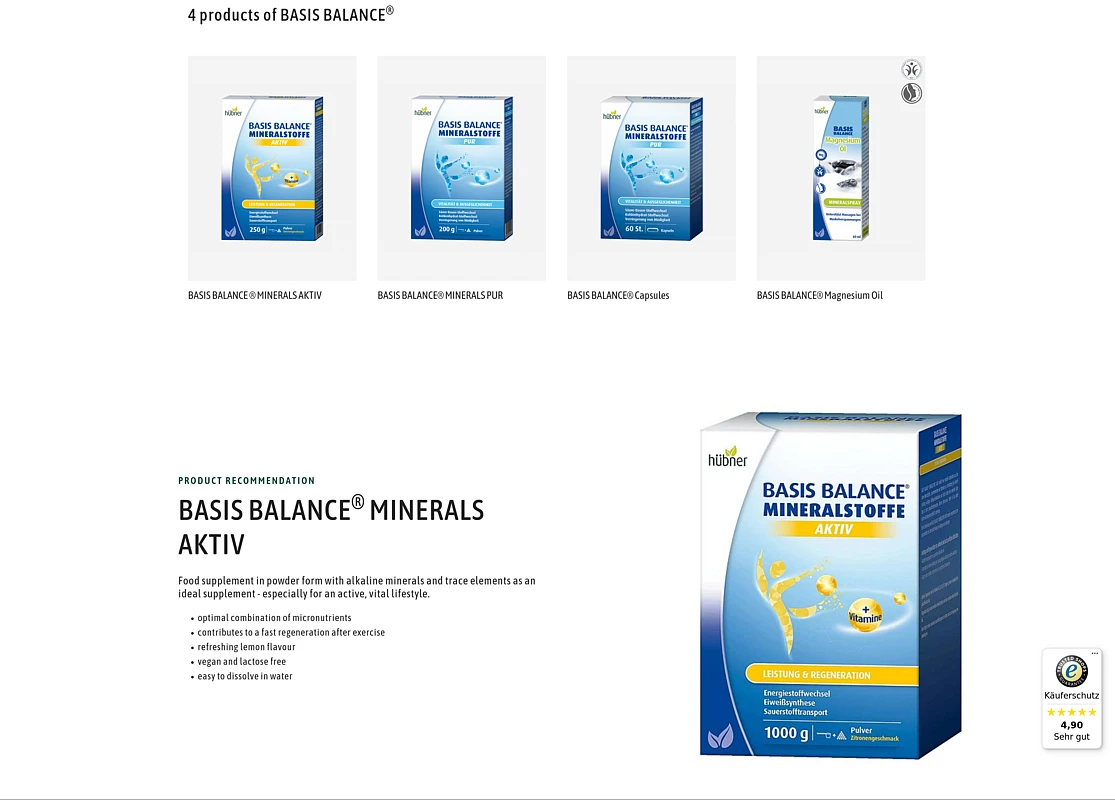 four teasers presenting product of the brand, below a bigger product recommendation with left text and image right side