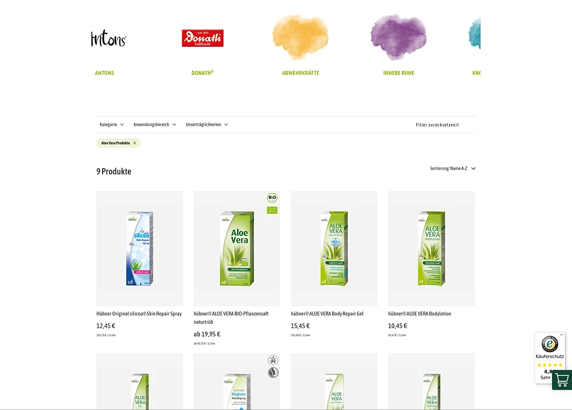 On top, a revolving slide of shortcut links to preselect brand sites then the filter and sorting options for the products presented below below the teaser for the products matching the selected filter criteria