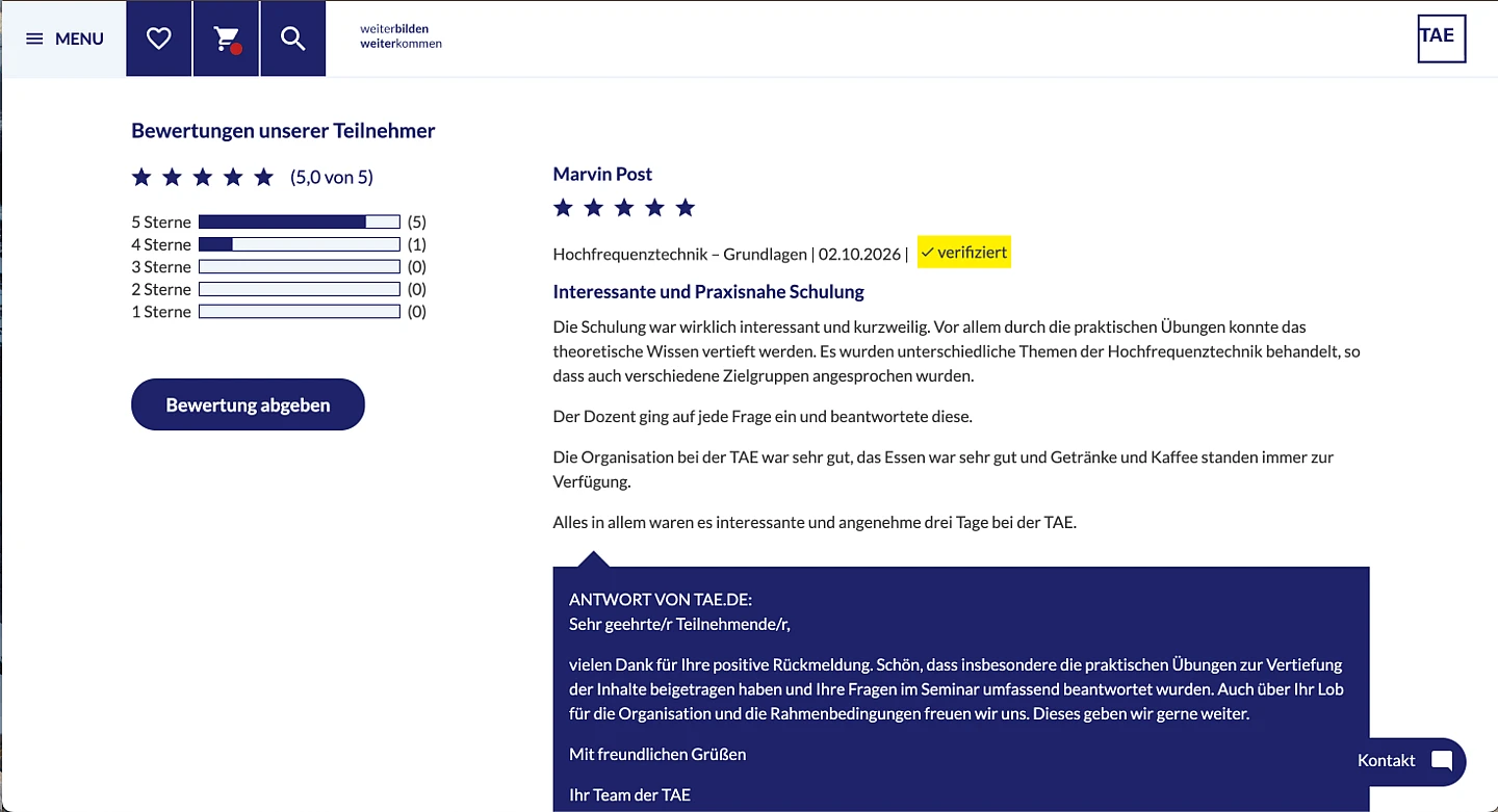 Screenshot of TAE review page with five star rating