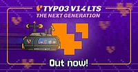 TYPO3 v14 LTS promo graphic with pixel-art hover vehicle, orange TYPO3 logo, and “Out now!” text on a purple retro background.
