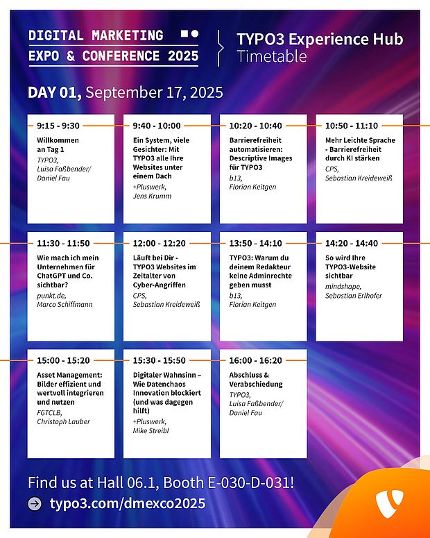 TYPO3 Experience Hub - Day 1 Timetable