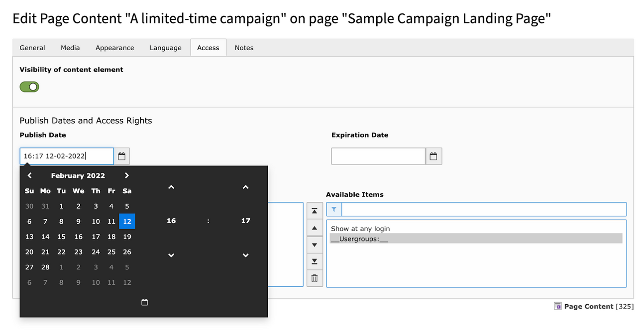 Screenshot of scheduler for content elements