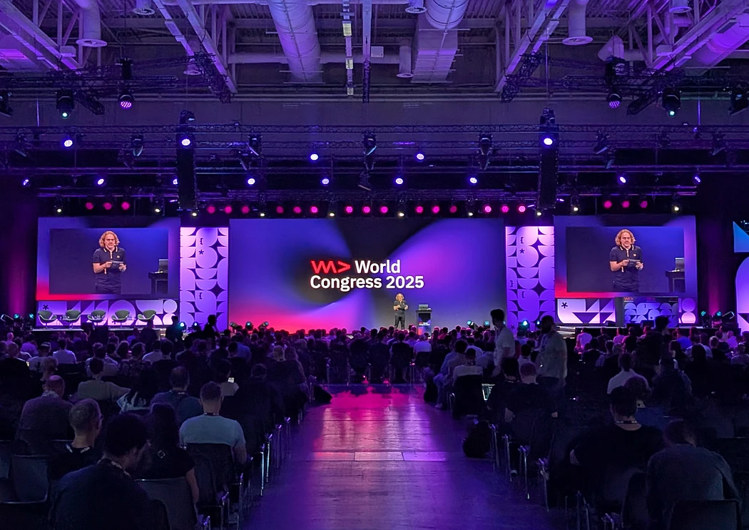 Main stage at WeAreDeveloper World Congress Berlin 2025, where a speaker is talking to a large audience