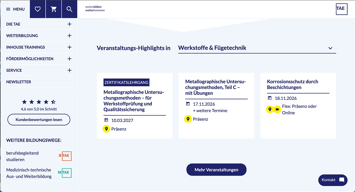 Screenshot of TAE course offering page