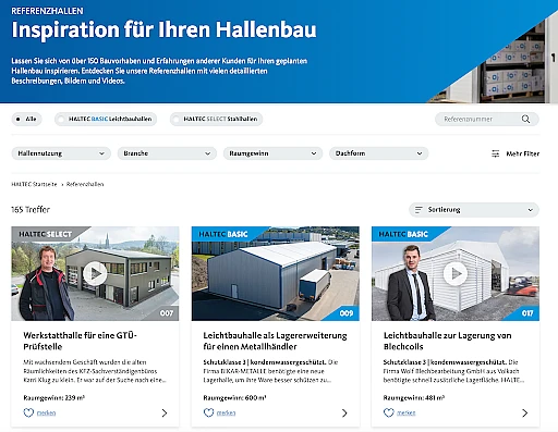 Haltec website showing multiple reference halls with buttons to add them to the favorites list