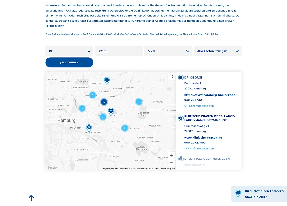 A map in the region around Hamburg, displaying several icons indicating doctors or medical facilities. On the right hand side, details are displayed for each icon.