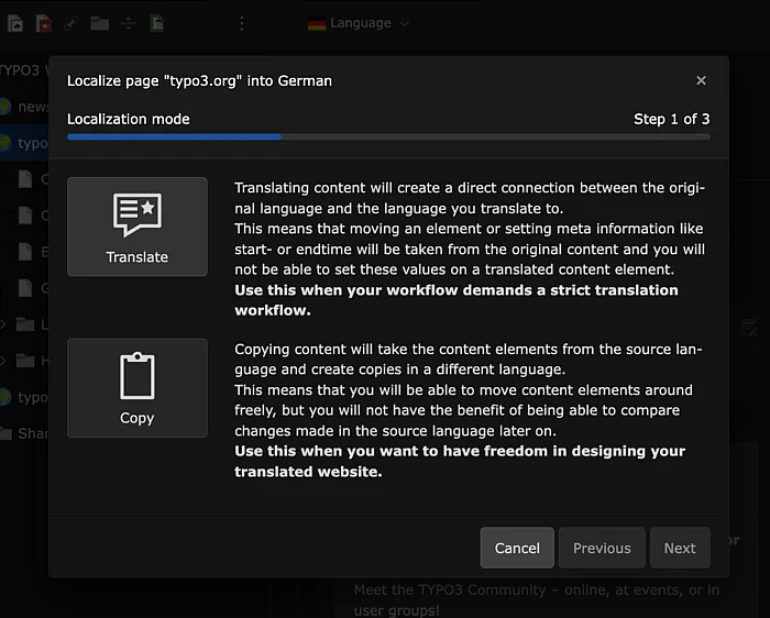 TYPO3 backend – translation mode selection dialog