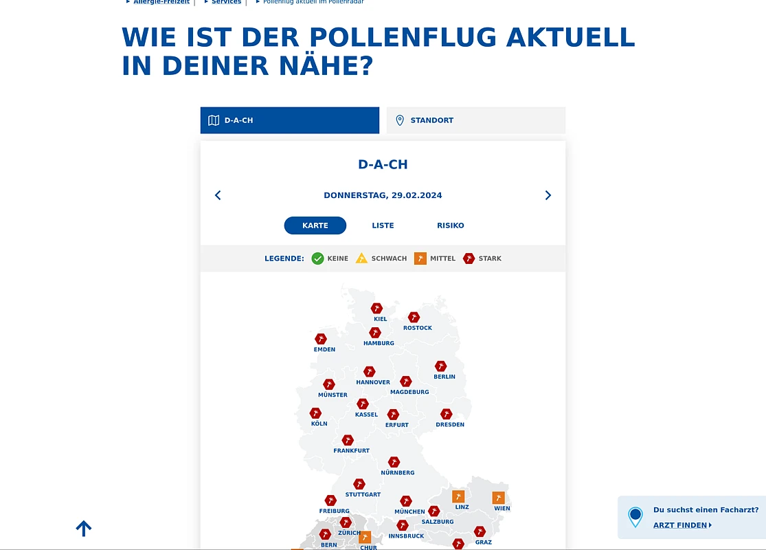 Screenshot of a map of germany, switzerland and austria, segmented into its federal states, with each an icon applied to it that color codes the amound of allergics that pollute the air currently. On top is a filter form that allows to zoom into a desired area or drill down on the kind of pollen