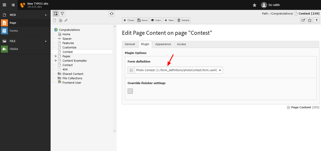 Screenshot pointing out “Form definition” selector in “Plugin” tab. 