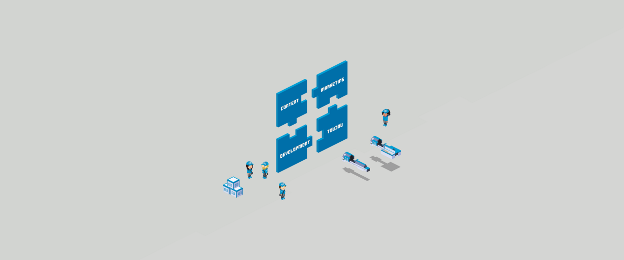 Pixel-Menschen in blau gekleidet stehen neben vier übergrößen, blauen Puzzleteilen, die typische Agentur-Leistungen aufzeigen.