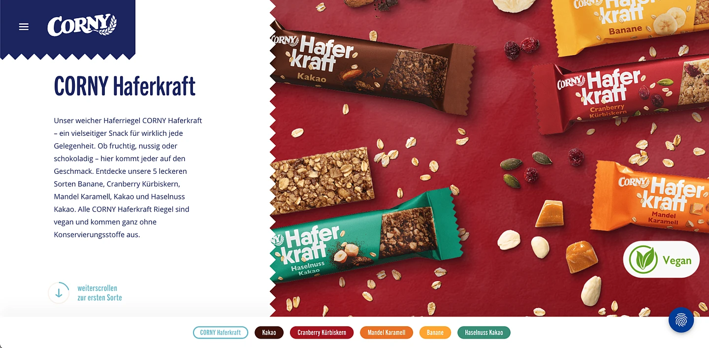 Screenshot of a product section of the Corny Brand-Website