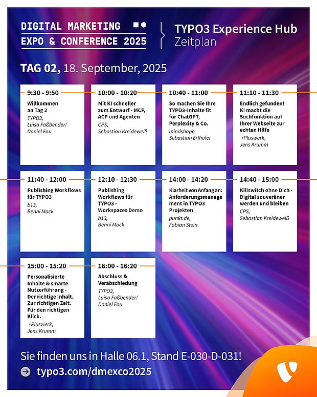 TYPO3 Experience Hub - Tag 2 Zeitplan