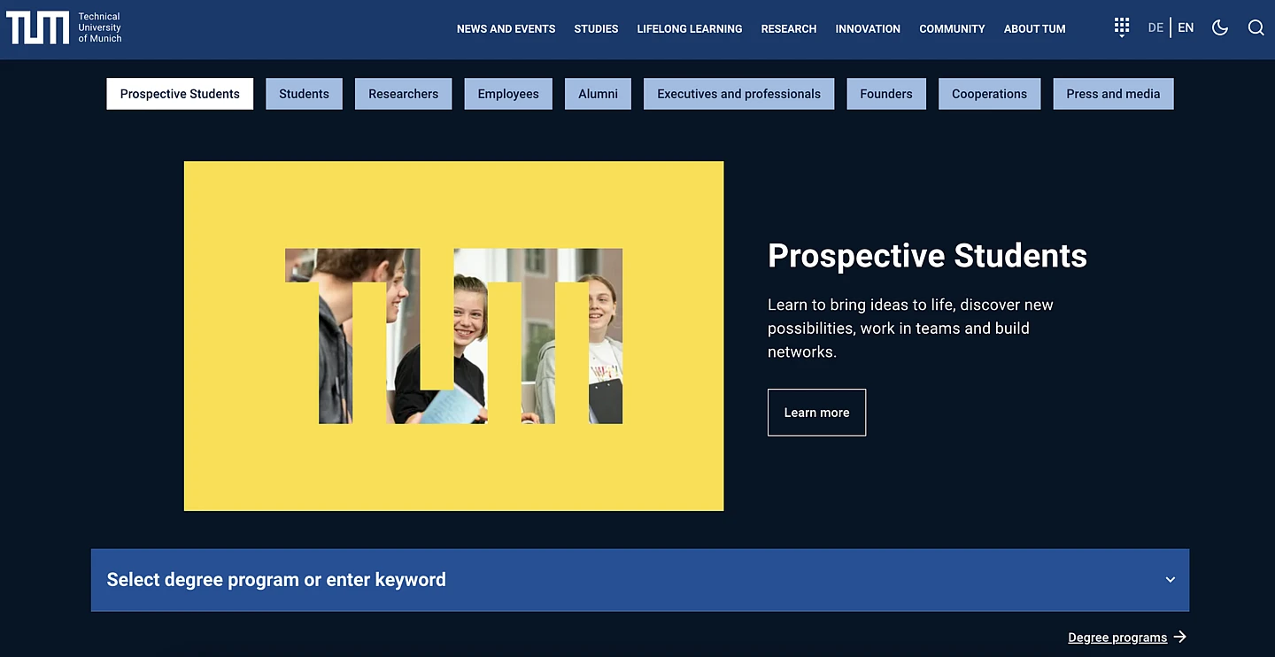 Screenshot of the Technical University of Munich's website, showing the color-coded navigation for different target groups, such as prospective students, students, researchers, and employees.