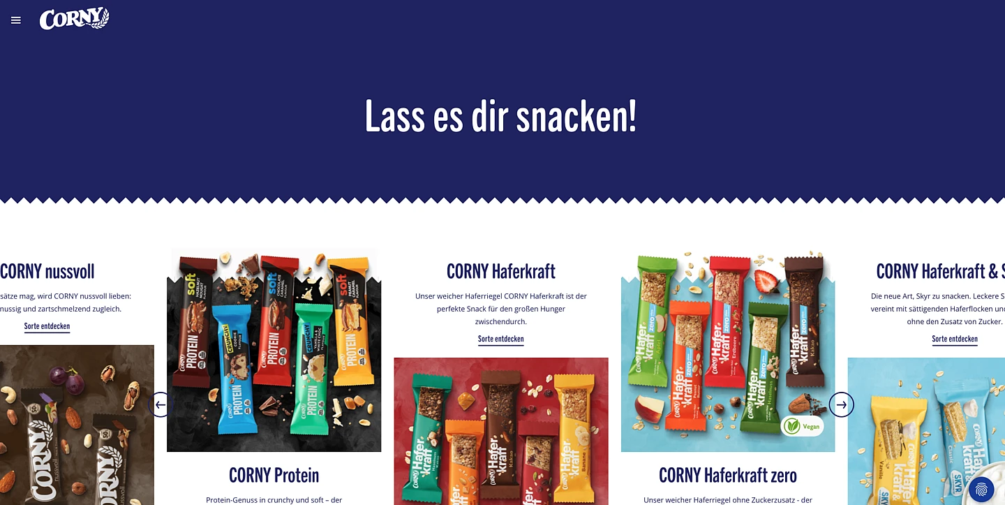 Screenshot of the Homepage of the Corny Brand-Website