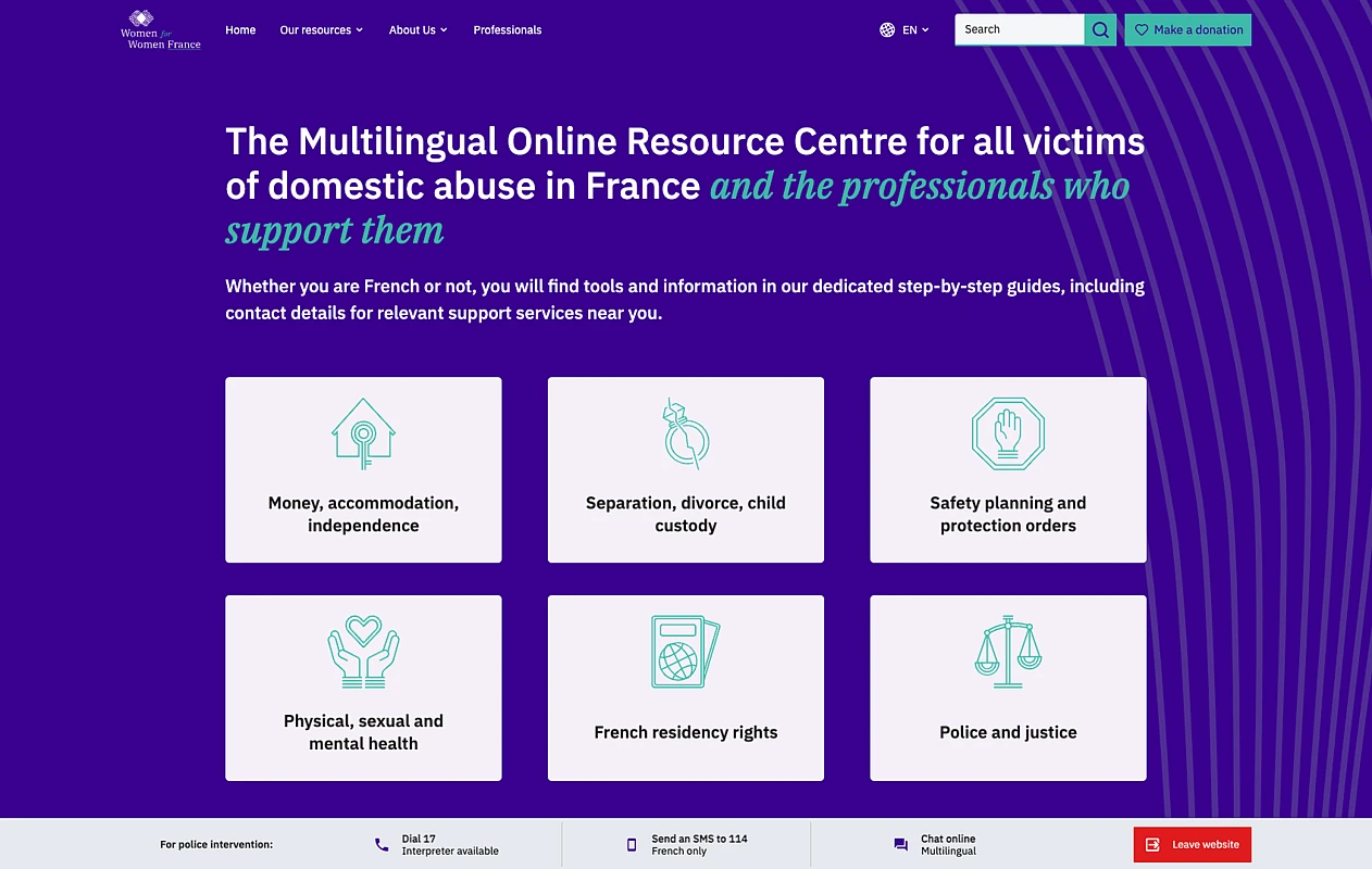 Hauptseite eines Online-Ressourcenzentrums für Opfer häuslicher Gewalt in Frankreich