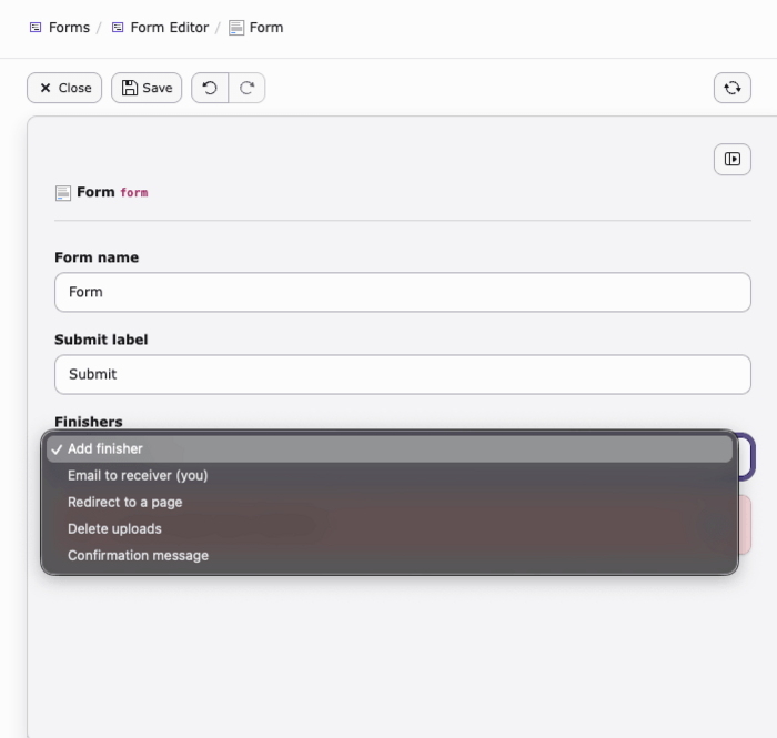 TYPO3 backend – form finisher configuration in the Forms module
