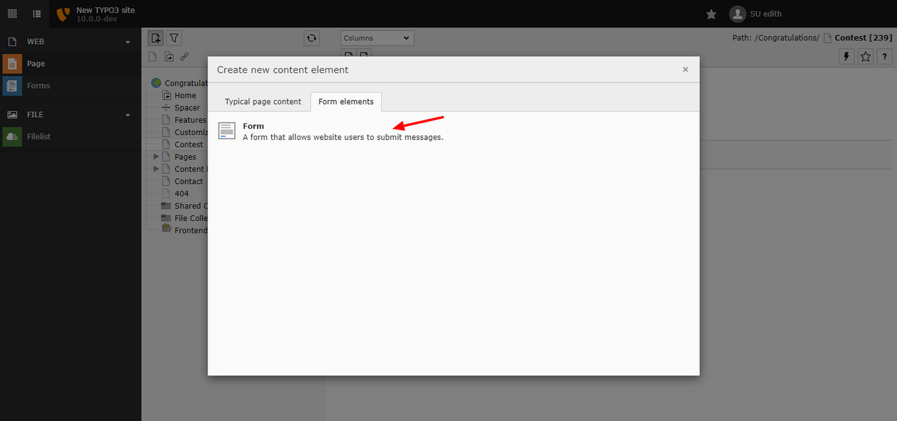 Screenshot of “create new content element” in “Form elements” tab.