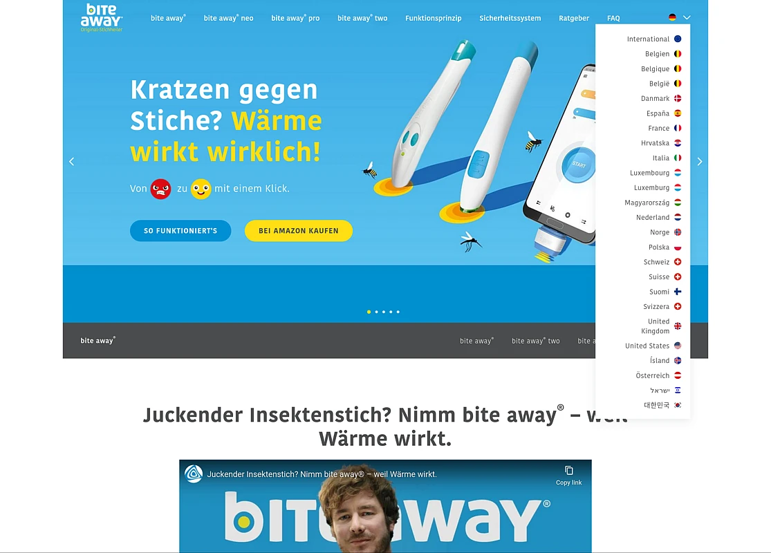 Screenshot of the upper part of the homepage oft bite-away.com, with the LanguageMenu expanded in the right side of the stage. It displays 25 entries