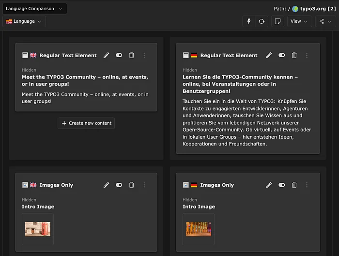 TYPO3 backend – side-by-side language comparison of content elements