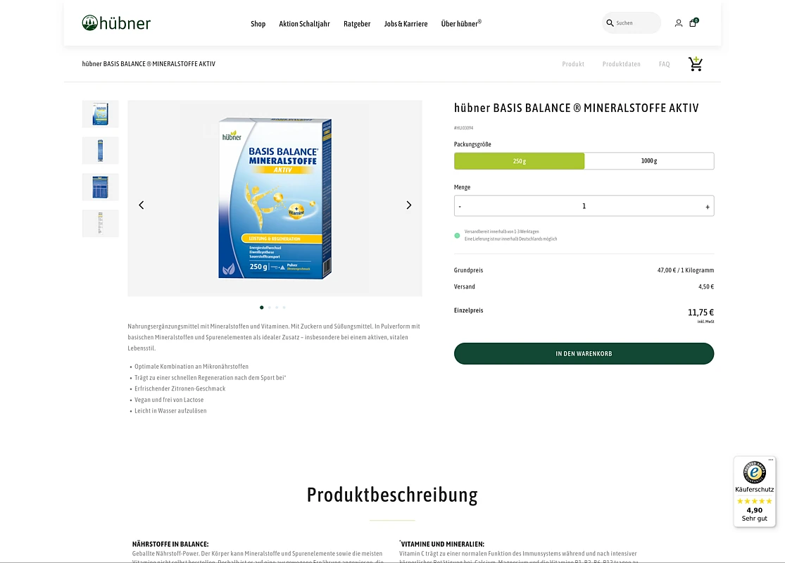 left side product images as a gallery, with the biggest one showing the product in front presentation right side information about the product like package size, PZN and prize and options to display different variants of the product. Prominent buy button to put the product into the cart