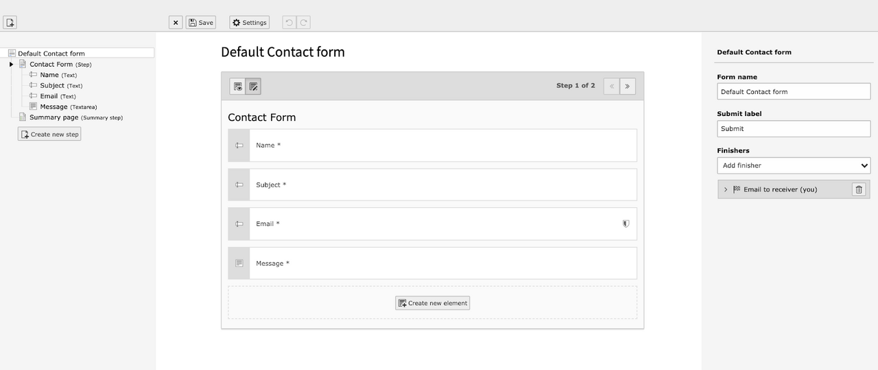 Screenshot of layout for “Default Contact form.”