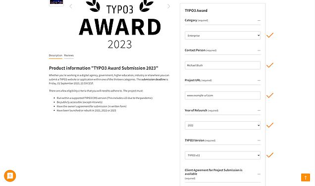 Screenshot of the submission form for the TYPO3 Awards