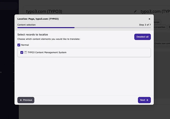 TYPO3 backend – translation mode selection dialog