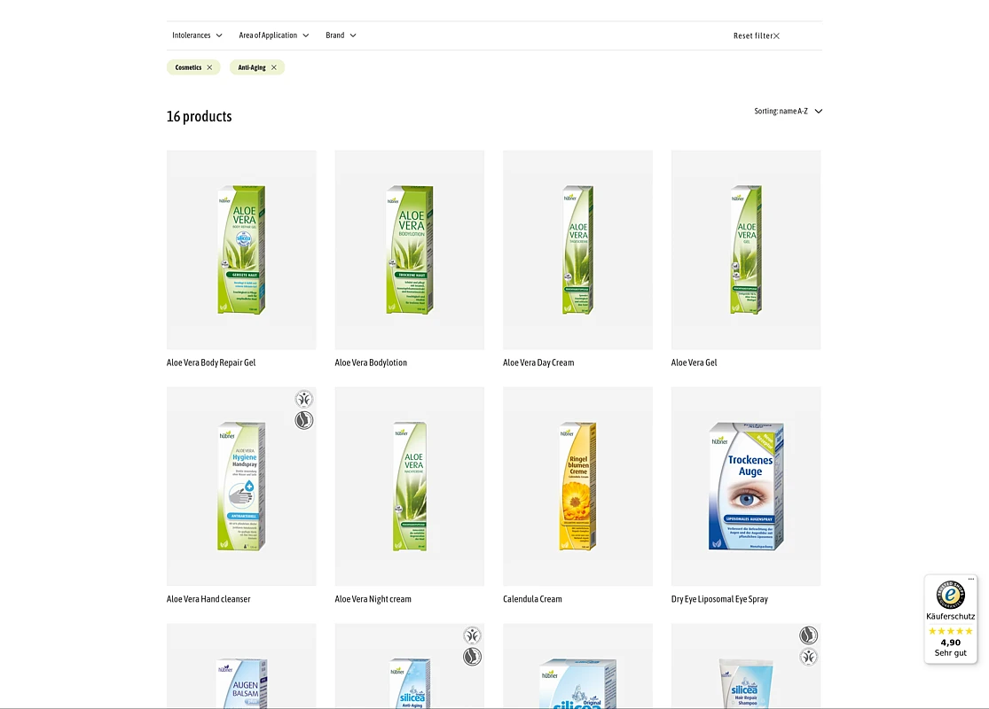 on top the filter and sorting options for the products presented below below the teaser for the products matching the selected filter criteria no prices are given here, as in english no buying option is present