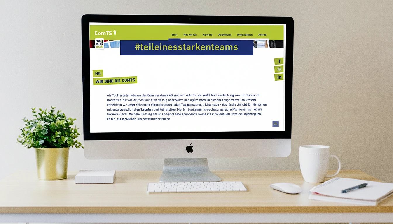 The ComTS website displayed on a desktop computer, presenting the employer branding message and company introduction.