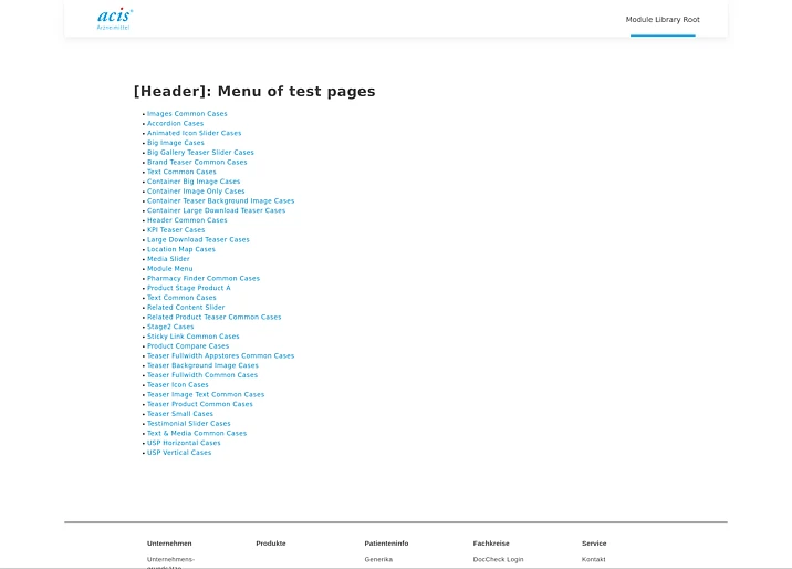 rontend View of site acis, displaying the subpage menu of the Module Library, which has been created using the Module Generator Backend Module
