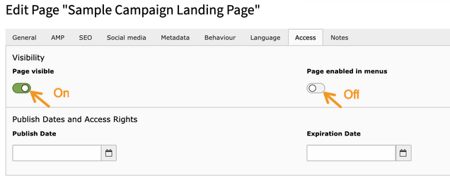 Screenshot pointing out “Page visible” slider “on” and “Page enabled in menus” slider “off.”