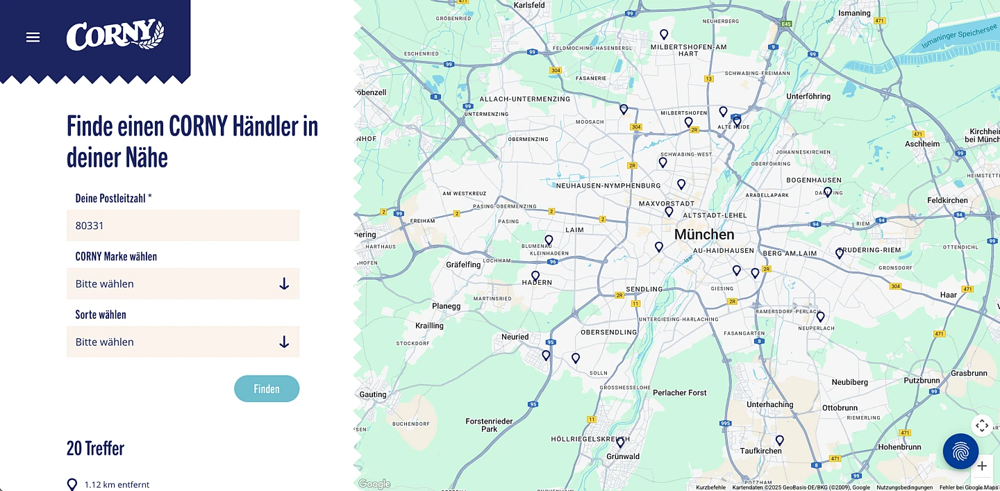 Screenshot of the dealer search function of the Corny Brand-Website