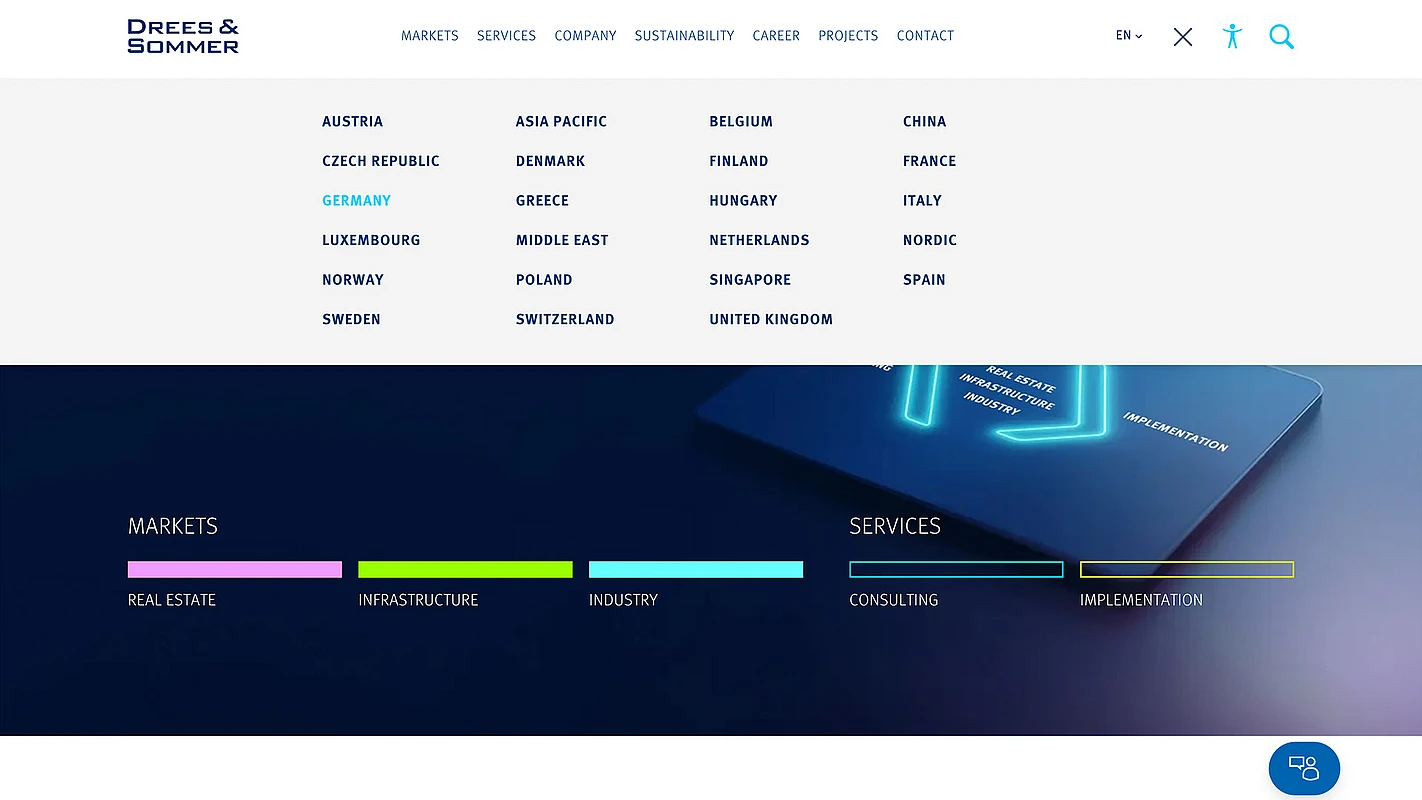 Drees & Sommer landing page interface showcasing the domain switcher with a list of all international locations, including Germany, Austria, China, and more. Below, a section highlights key markets (Real Estate, Infrastructure, Industry) and services (Consulting, Implementation), displayed with vibrant color bars on a dark blue background.