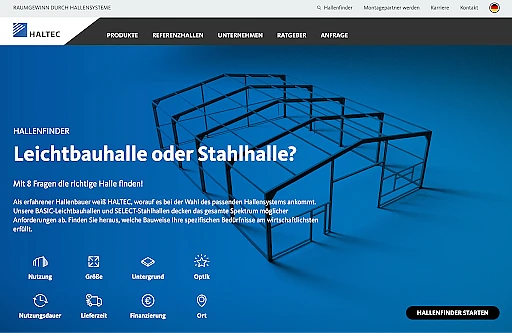 Haltec website showing the Hallenfinder tool with eight questions to determine the ideal hall