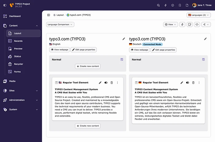 TYPO3 backend – side-by-side language comparison of content elements