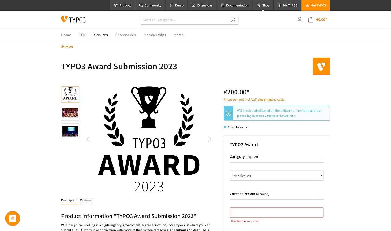 Screenshot of the TYPO3 Store page on the Award Submissions