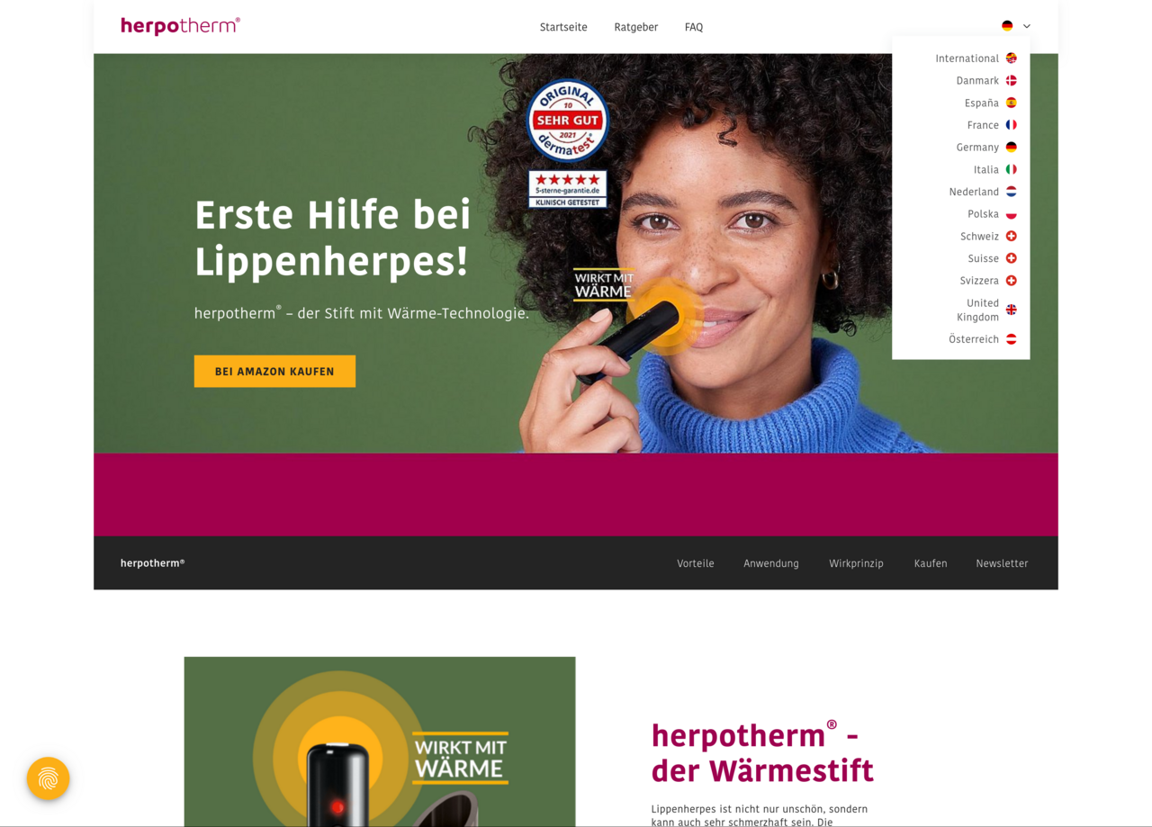 Screenshot of the upper part of the homepage of herpotherm.com, with the LanguageMenu expanded in the right side of the stage. It displays 13 entries.