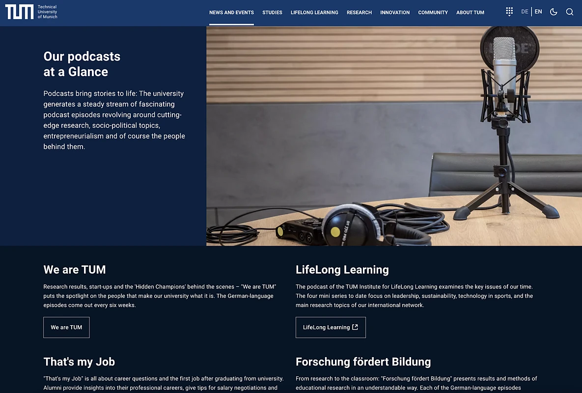 Screenshot of the Technical University of Munich's website featuring the TUM Podcast page, displaying different podcast options.