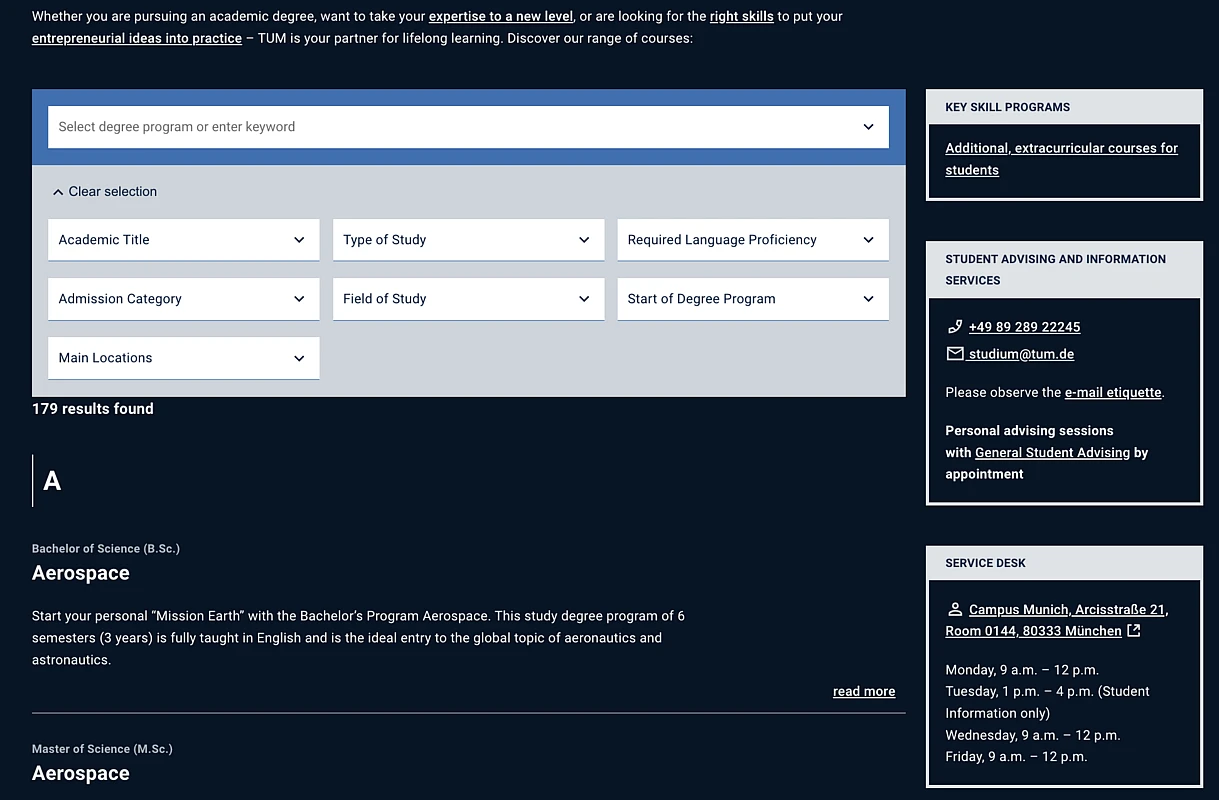 Screenshot of the Technical University of Munich's Studyfinder, displaying search filters and a list of study programs.