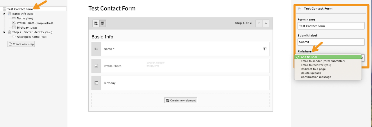 Screenshot of form title and submission settings.