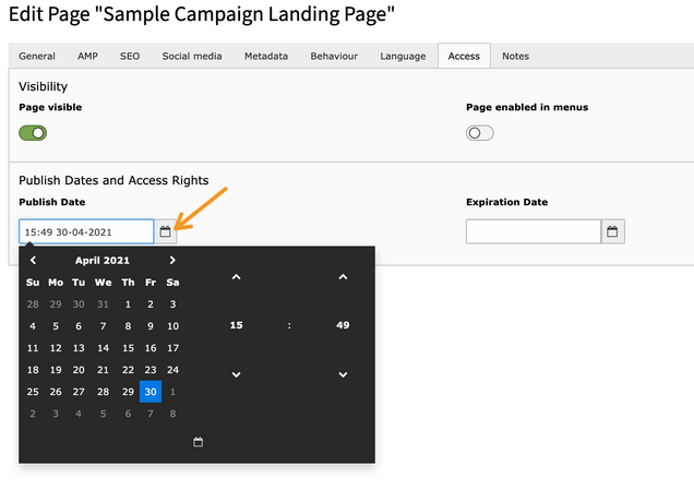 Screenshot pointing out Calendar selector for the publishing date