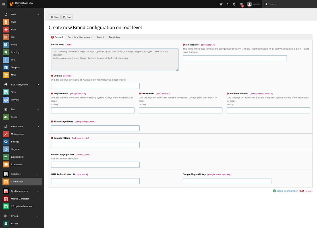 Backend Module Kickstarter opened at the input form, first of three tabs, displaying input fields for domain and basic information for a new site within the multisite instance.