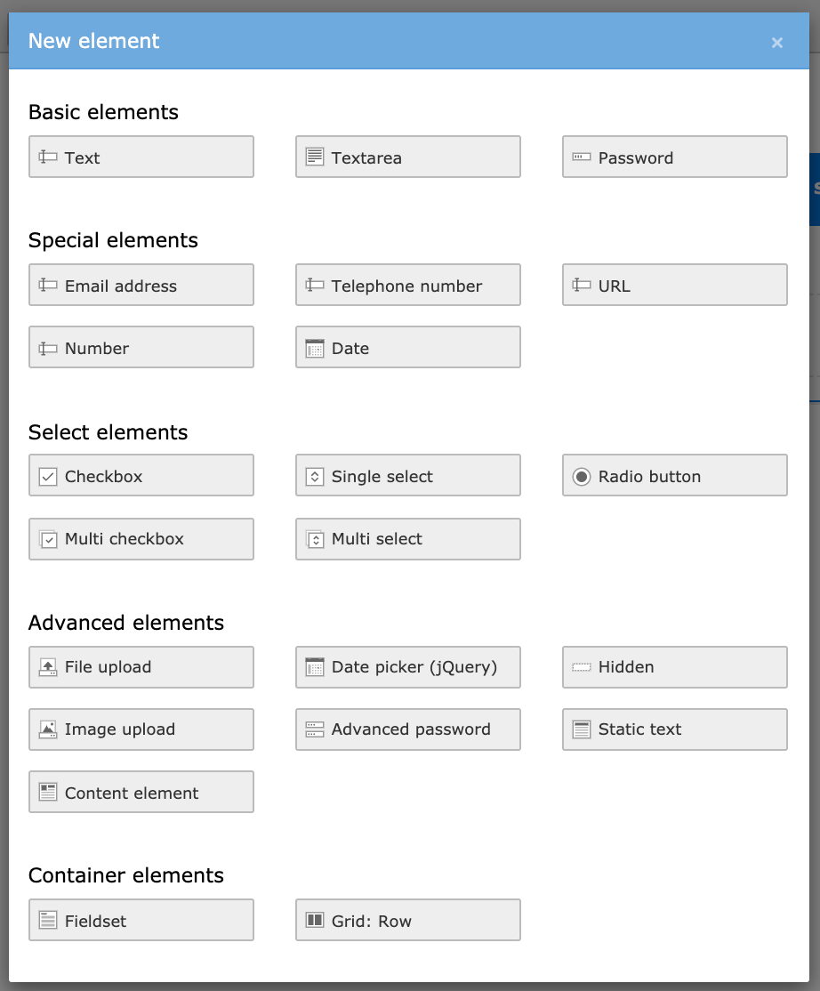 Screenshot of available form fields.