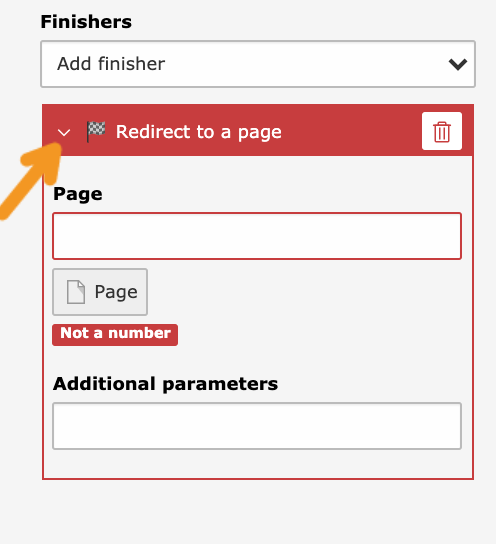 Screenshot of the finisher settings for “Redirect to a page.”