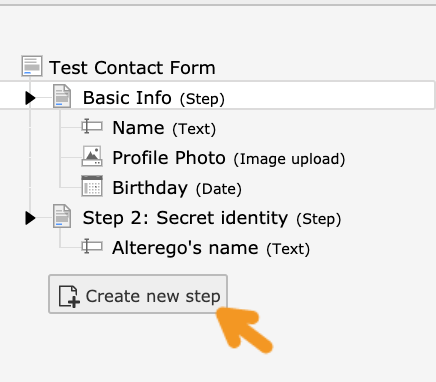 Screenshot pointing out “Create new step” button in the left-hand menu.
